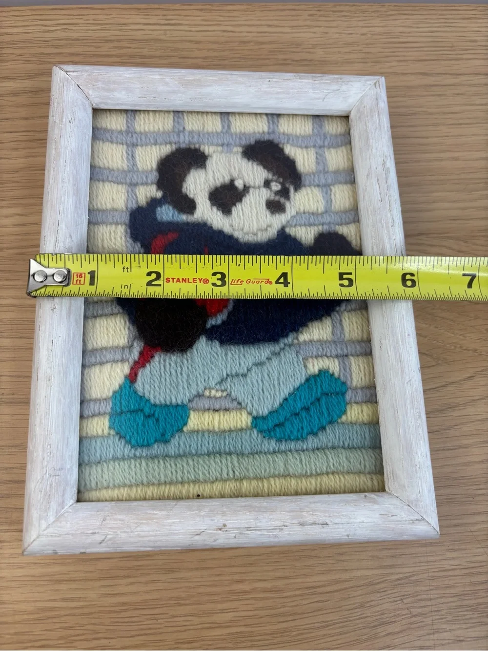 Vintage Handmade Panda Crewel Wall Art - Blue, Teal, Cream and Red